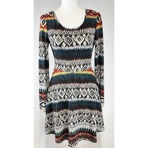 Bo-Bel Women’s BOHO Multicolor Dress Flared Long Sleeves Stretch Size Small